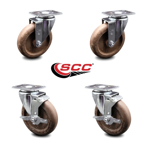 5 Inch High Temp Glass Filled Nylon Swivel Top Plate Caster Set with 2 Brakes